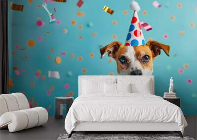 Happy birthday card, happy party dog isolated on blue background.  Wall mural